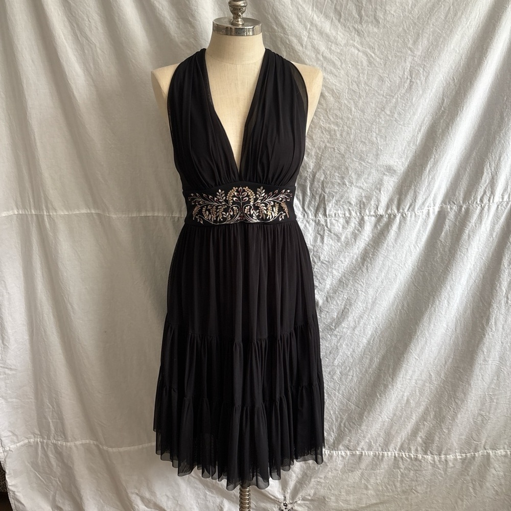 Maggy London Black Backless Dress with Embroidered Detail